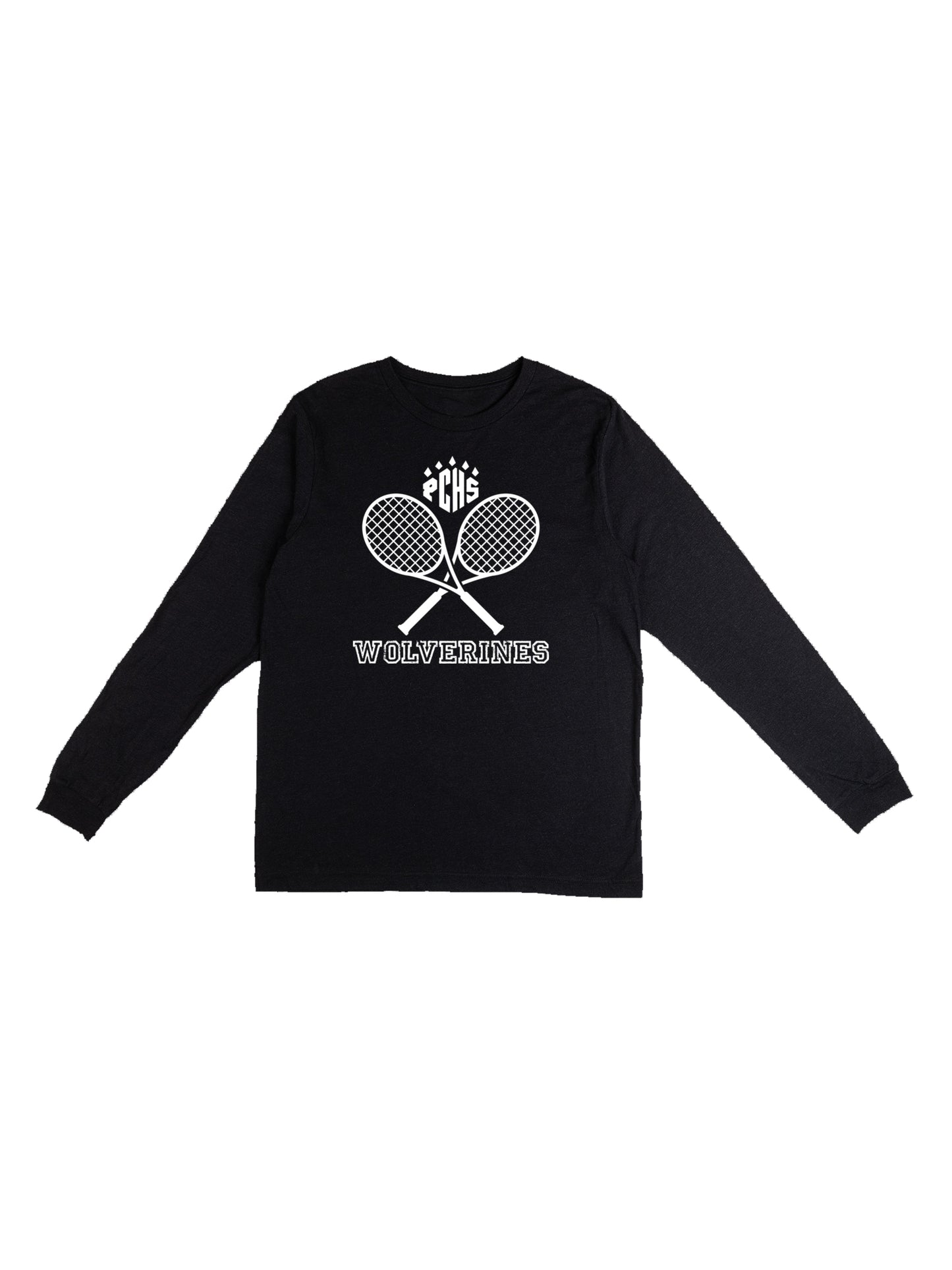 PCHS Wolverines Tennis Crossed Rackets, White Long Sleeve T-shirt