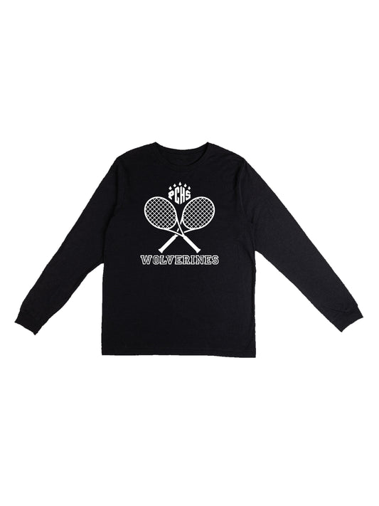 PCHS Wolverines Tennis Crossed Rackets, White Long Sleeve T-shirt