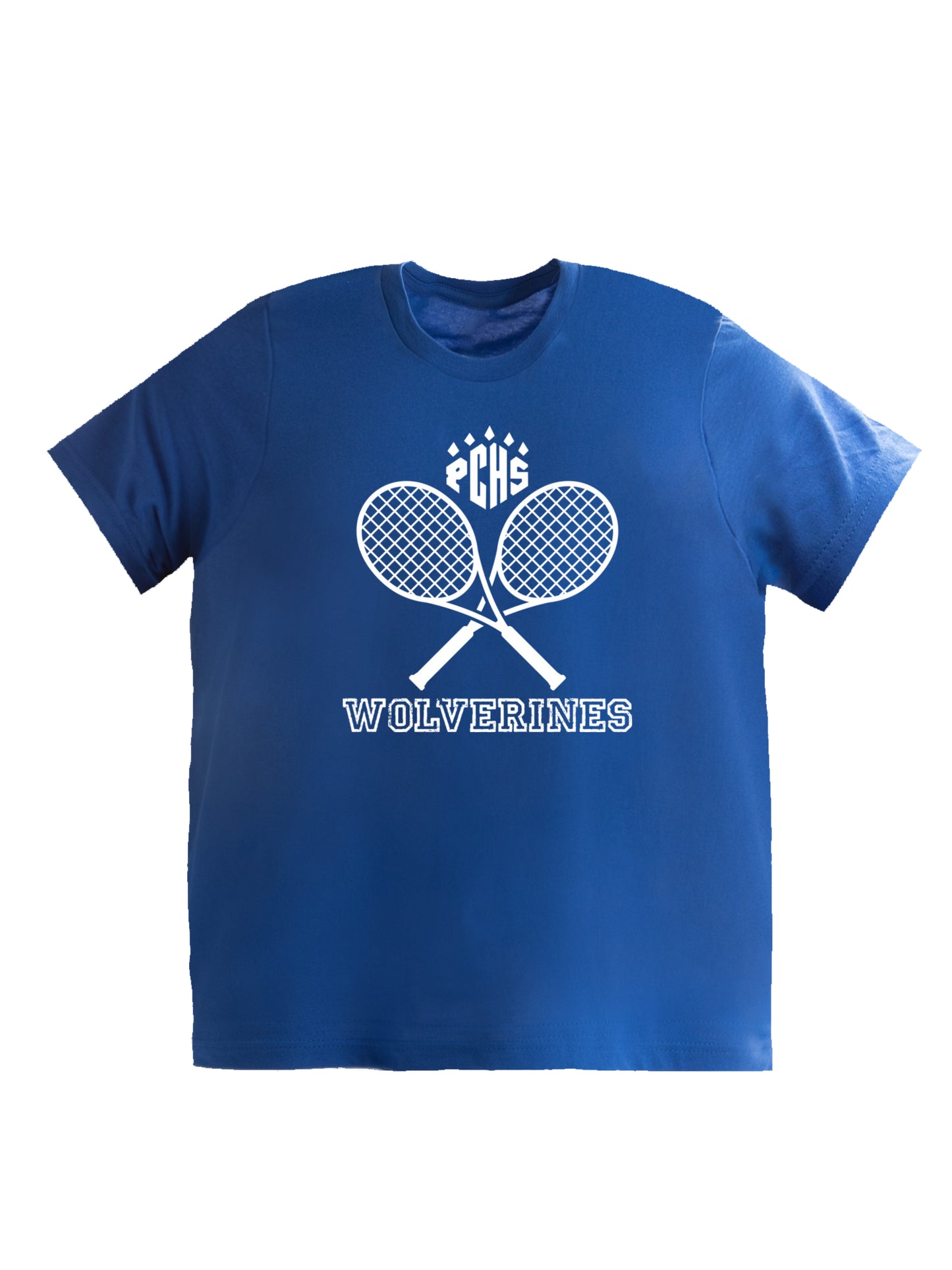 PCHS Wolverines Tennis Crossed Rackets, White Short Sleeve T-shirt