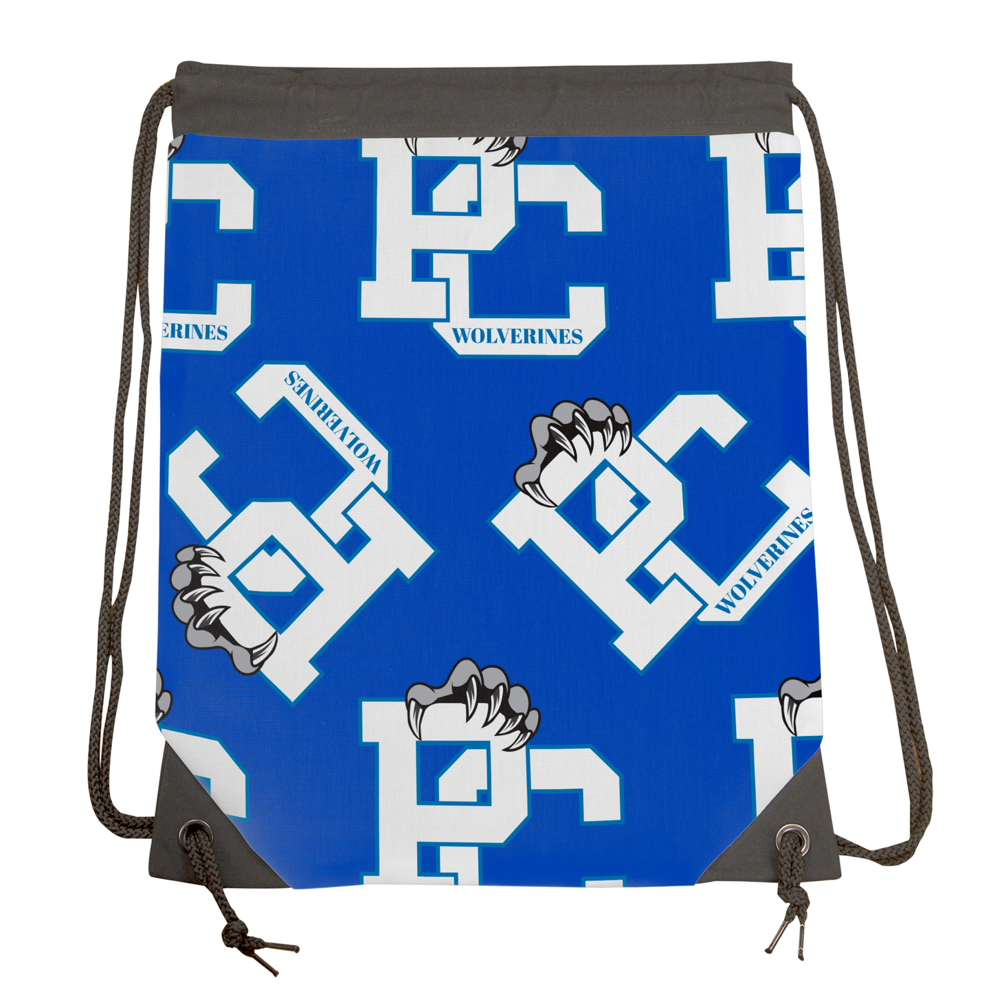 PC Wolverines Claw Logo Pattern, White on Blue Drawstring Gymbag
