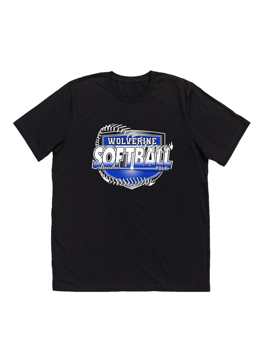 Polk County Wolverines Softball Shield Logo in Black Short Sleeve T-shirt