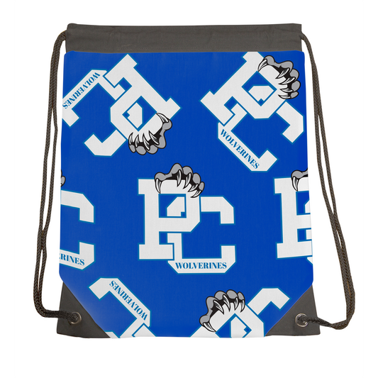 PC Wolverines Claw Logo Pattern, White on Blue Drawstring Gymbag
