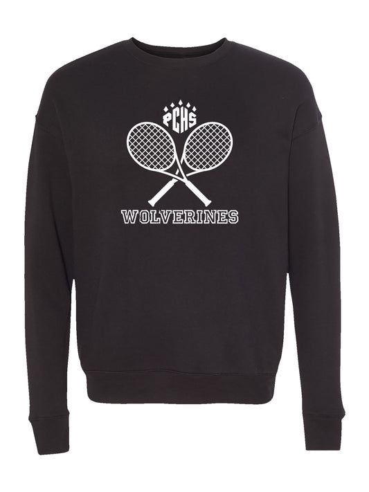 PCHS Wolverines Tennis Crossed Rackets, White Fleece Sweatshirt