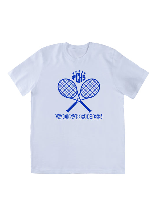 PCHS Wolverines Tennis Crossed Rackets, Blue Short Sleeve T-shirt