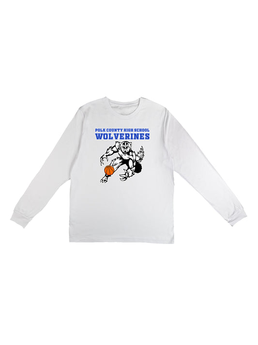PCHS Wolverines Basketball Mascot with Ball Design with Men Jersey Long Sleeve Tee