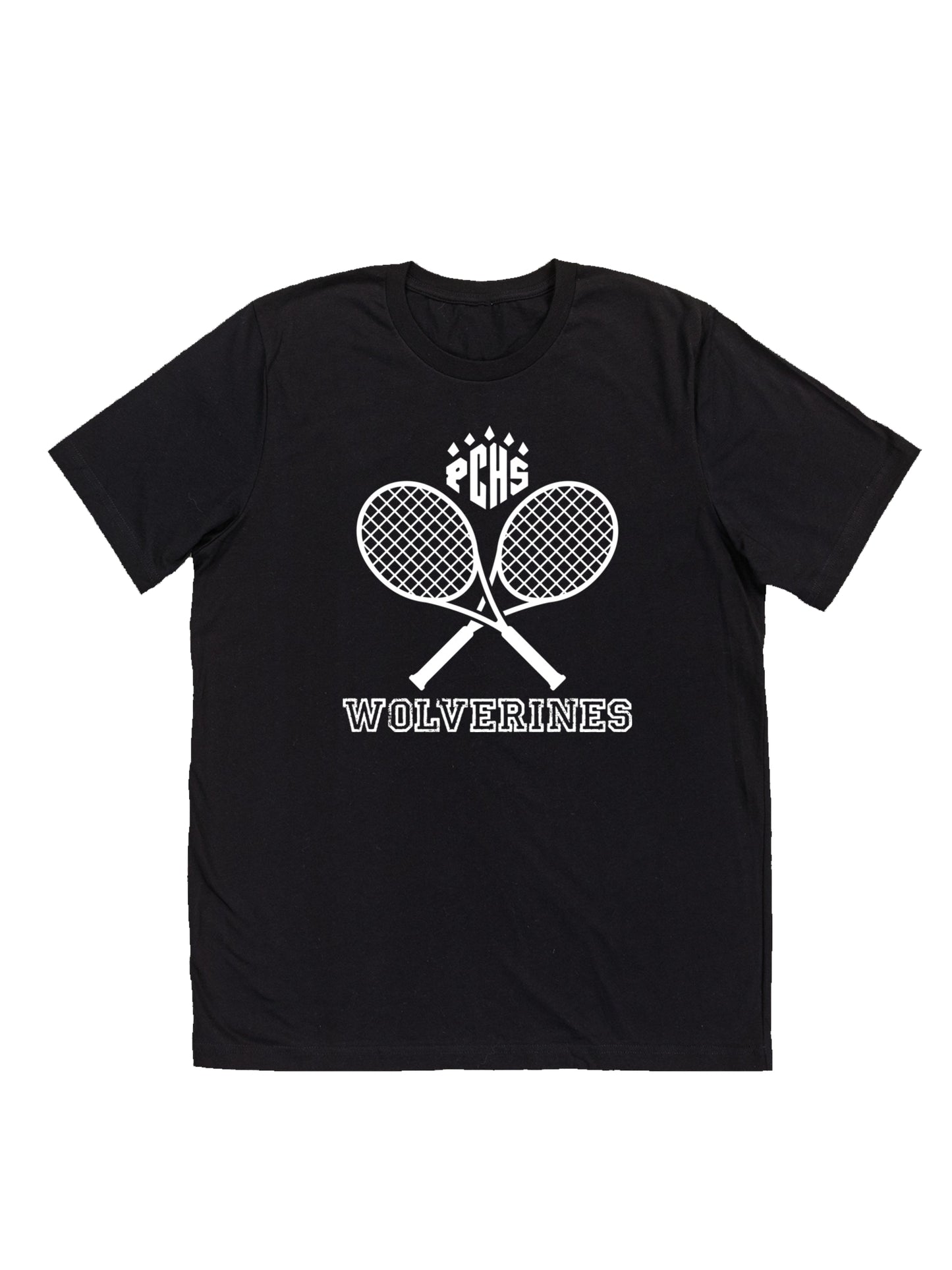 PCHS Wolverines Tennis Crossed Rackets, White Short Sleeve T-shirt