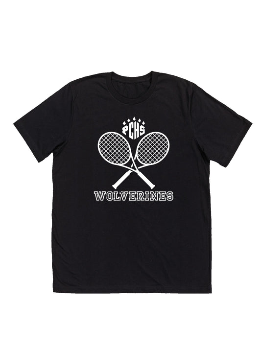 PCHS Wolverines Tennis Crossed Rackets, White Short Sleeve T-shirt