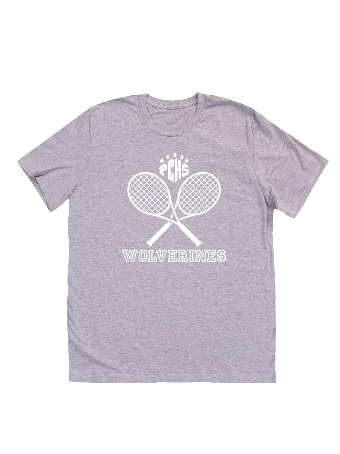 PCHS Wolverines Tennis Crossed Rackets, White Short Sleeve T-shirt