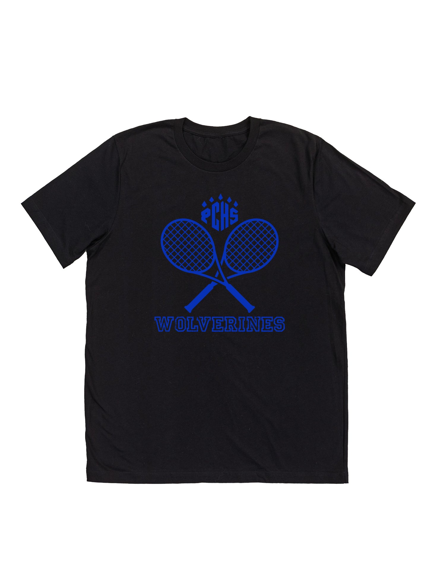 PCHS Wolverines Tennis Crossed Rackets, Blue Short Sleeve T-shirt