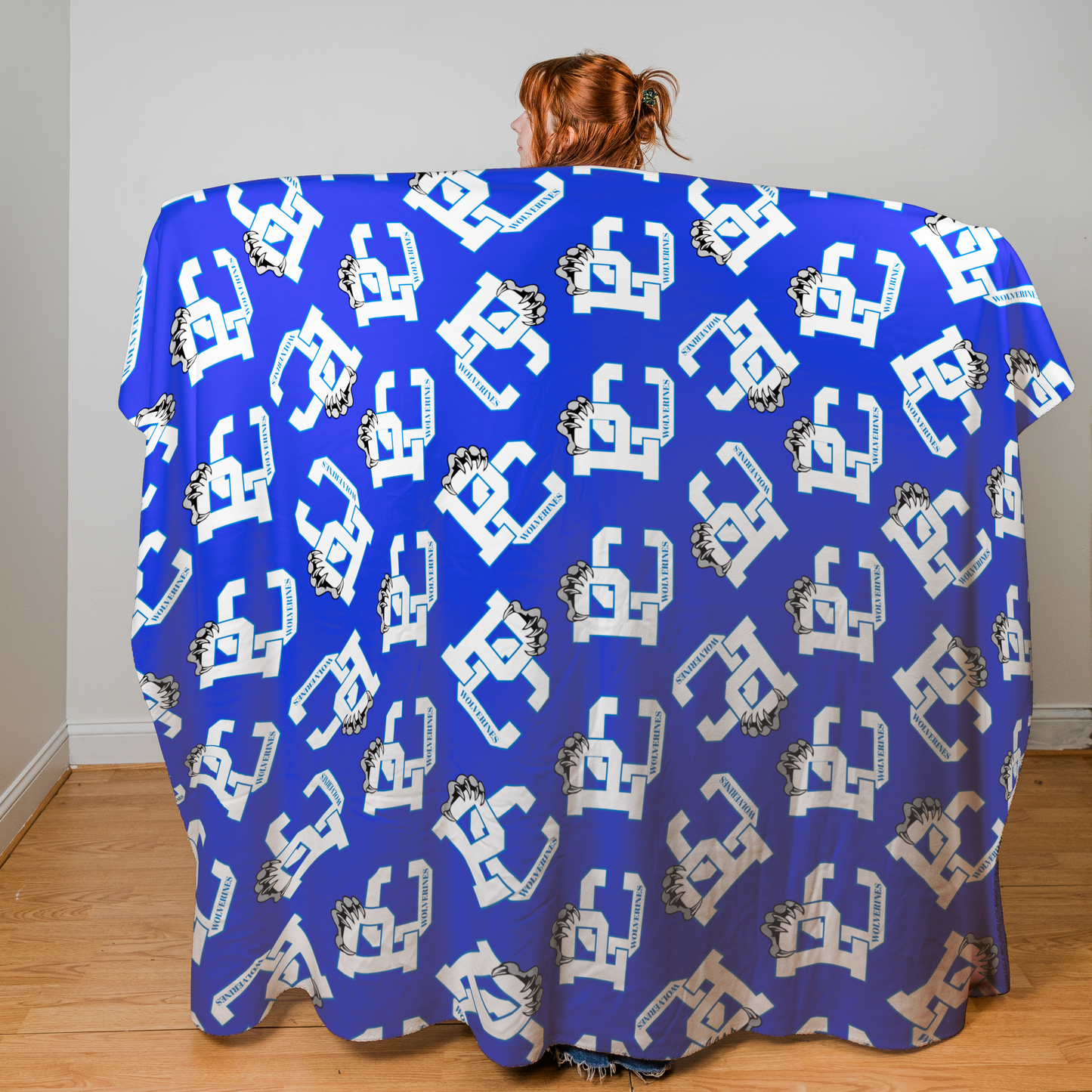 PC Wolverines Claw Logo Pattern, White on Blue 60"x80" Sherpa Fleece Blanket