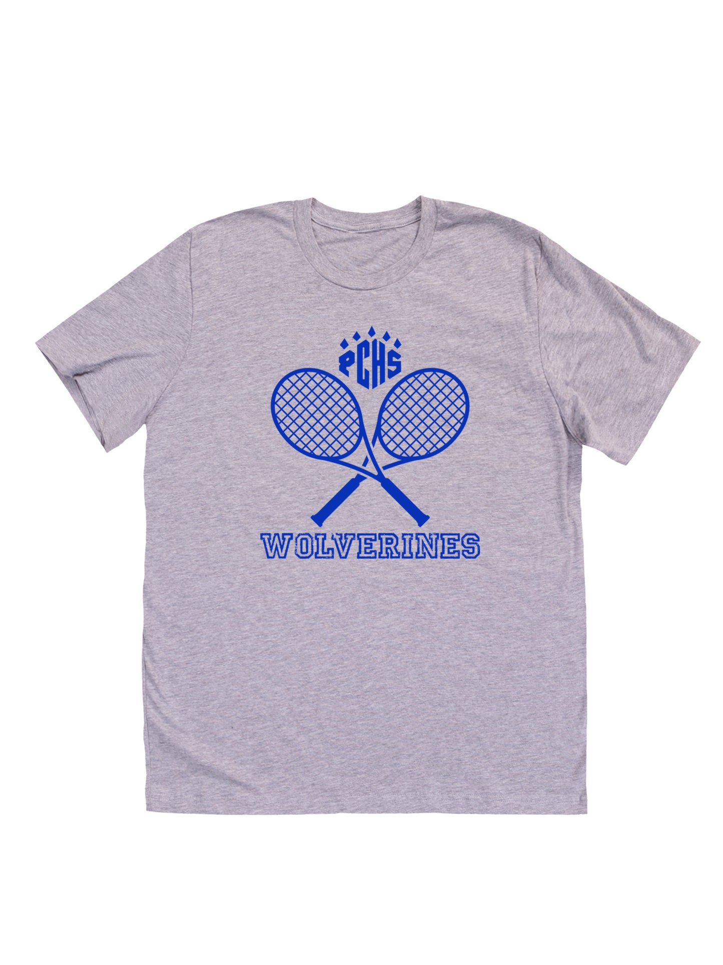PCHS Wolverines Tennis Crossed Rackets, Blue Short Sleeve T-shirt