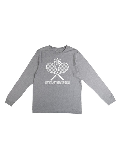 PCHS Wolverines Tennis Crossed Rackets, White Long Sleeve T-shirt