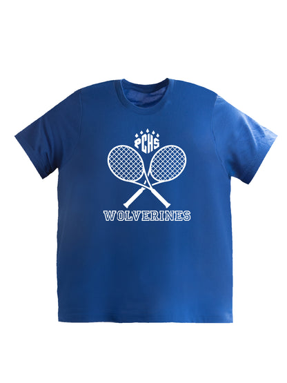 PCHS Wolverines Tennis Crossed Rackets, White Short Sleeve T-shirt