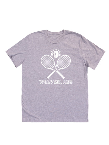 PCHS Wolverines Tennis Crossed Rackets, White Short Sleeve T-shirt